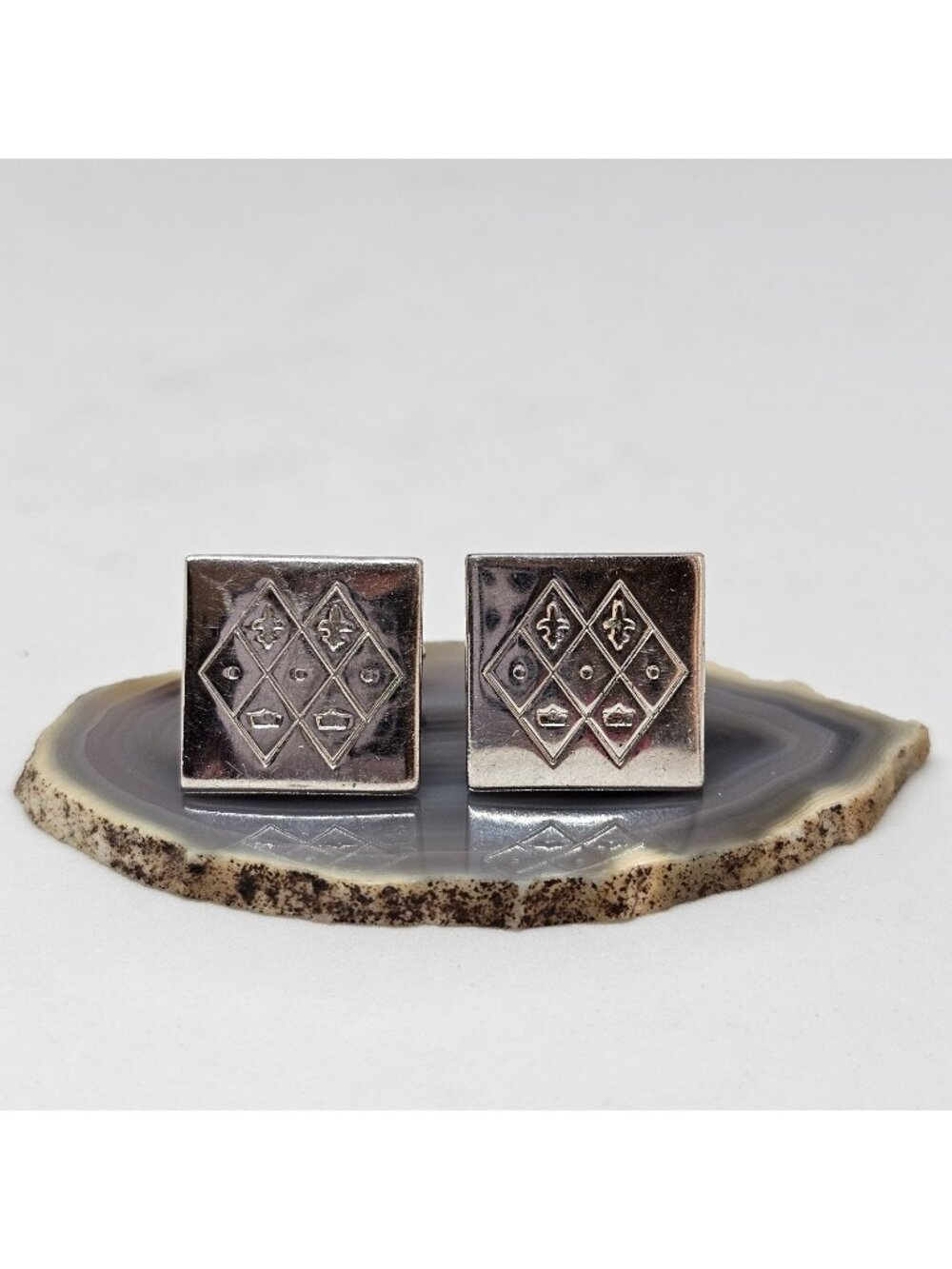 Vintage Swank Silver Tone Fleur De Lis Crown Square Cufflinks Men's Jewelry